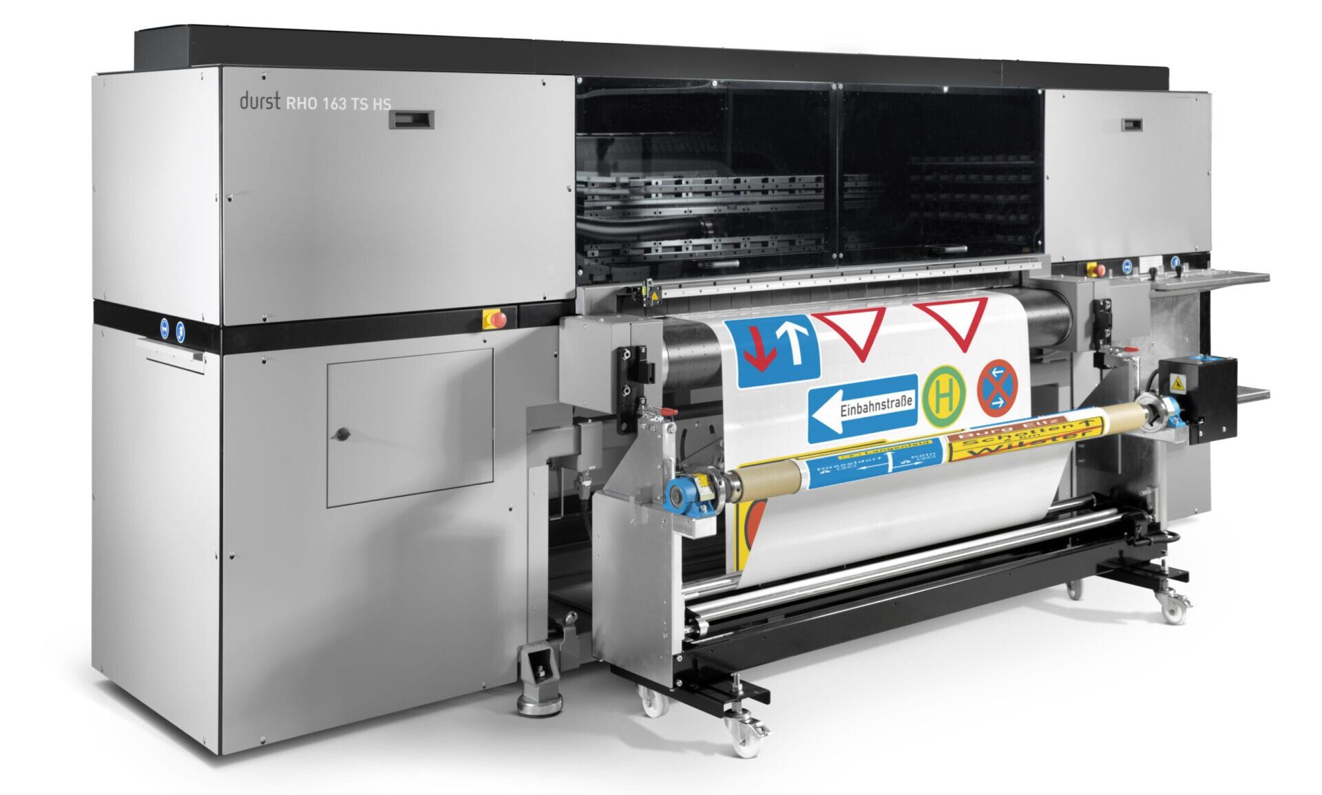 Industrial wide-format digital printer printing on a large roll of material